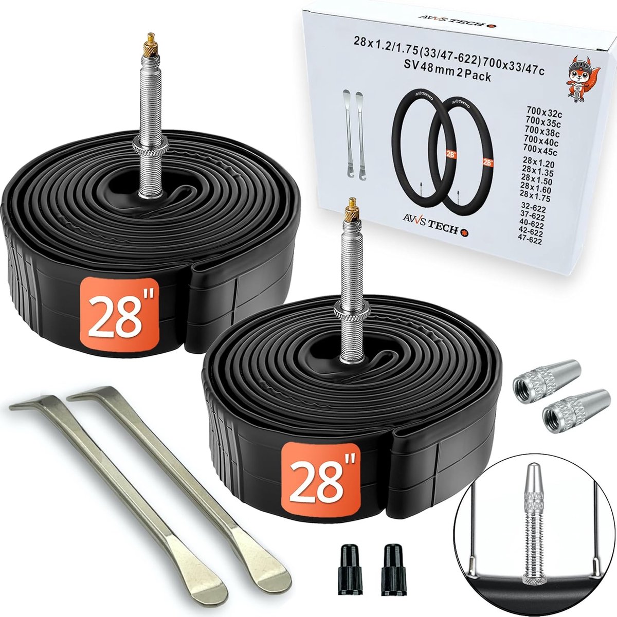 SnelShoppen - 28x1.2-1.75 Binnenband voor Stad, Trekking en Racefietsen 28" (700x35/38/45C) met Presta 48mm en Dunlop 40mm Ventiel | Inclusief 2 Bande