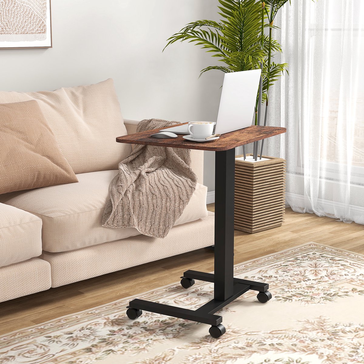 DESMIU Laptoptafel - In Hoogte Verstelbaar Met 4 Wielen En 2 Remmen - Voor Zittend En Staand Werken - Spaanplaat - Bruin - 65x48 Cm