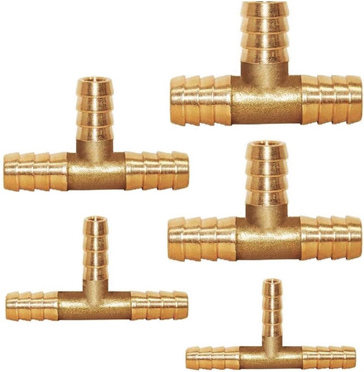 Allecto Plus - 5 Stuks Messing 3-weg T-stuk Brandstofslang Connector - 6/8/10/12/14 mm - Adapter voor Brandstoflucht Water Gasolie - Slangpilaar