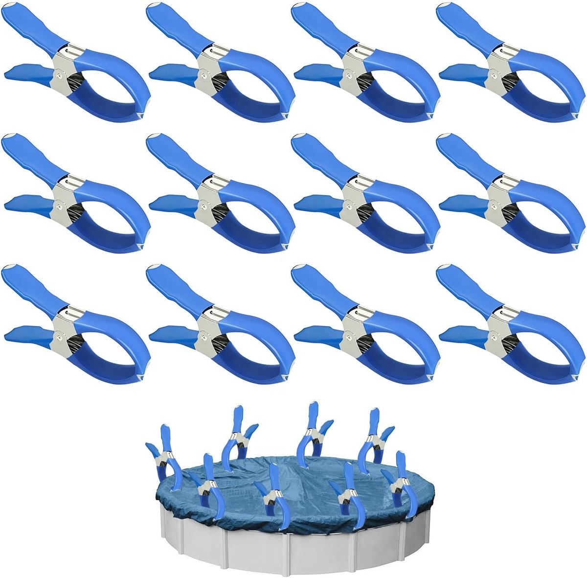 12 Stuks Zeilklemmen - Grote Roestvrijstalen Wasknijpers - Clips Voor Zwembadafdekkingen - Gordijnclips - Dekzeil Klemmen - Kledingclips Van Metaal - Geschikt Voor Het Drogen Van Dekbedden, Sokken, Kleding En Zwembadafdekkingen - Blauw