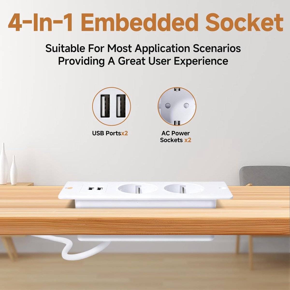 SnelShoppen - Retractable Table Socket met 2 Stopcontacten en 2 USB Poorten, 1.5 m Kabel voor Werkplek, Conferentietafel, Huiskamer, Wit