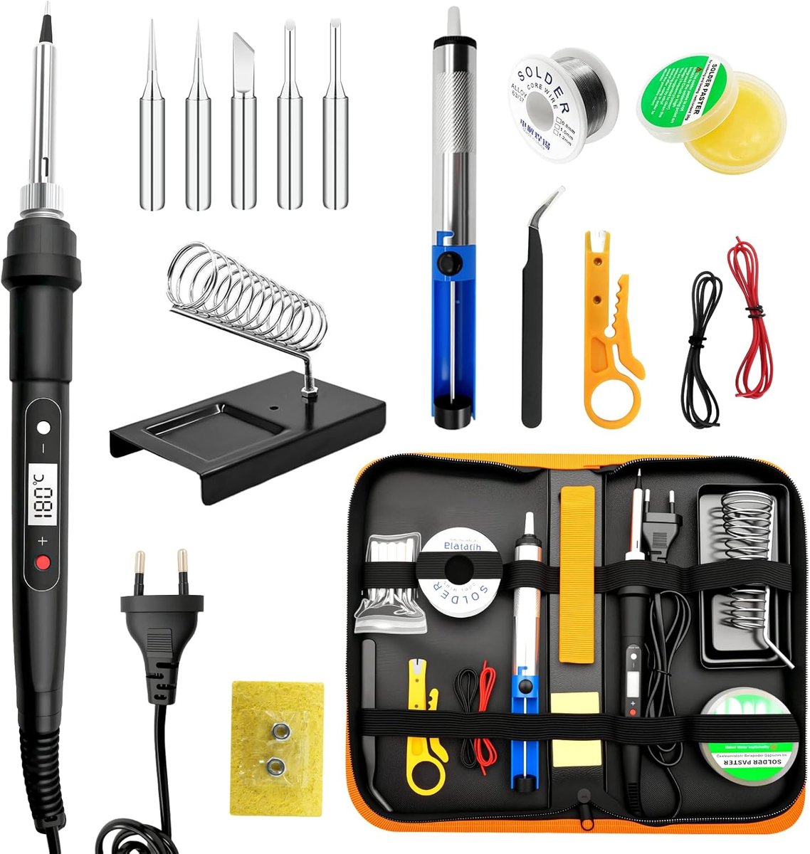 SnelShoppen - Soldering Iron Set 100W met LCD Temperatuurregeling 180-560 °C, 16-in-1 Solderingset met 50g Lood, 5 Tips, Ontloddingspomp, Solderingsst