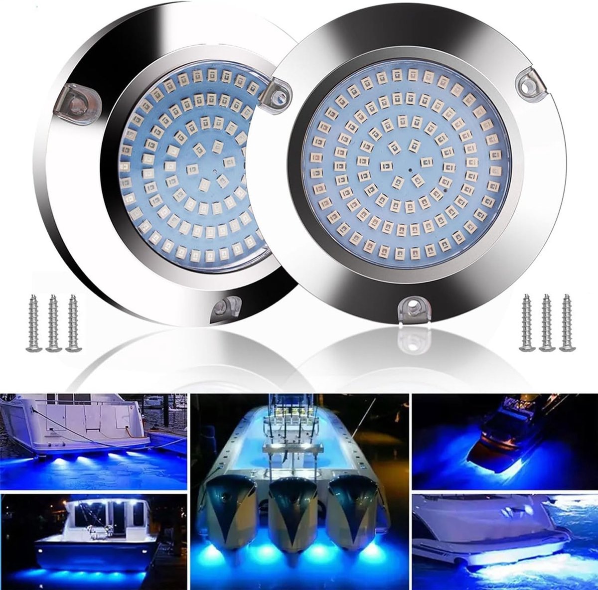 SnelShoppen - 2x 90 LED Onderwater Bootverlichting, 12V/24V Ronde Marine Achterpaneel, IP68 Waterdicht RVS - Blauwe Licht voor Jacht en Boot
