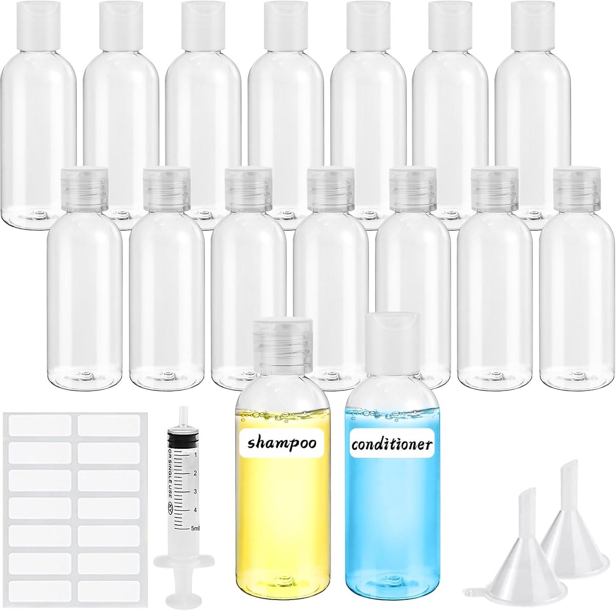 SnelShoppen - 16 Stuks Travel Bottles voor Toiletten 50ml Herbruikbare Flessen met Labels en Trechter - Ideaal voor Reizen, Camping en Sport