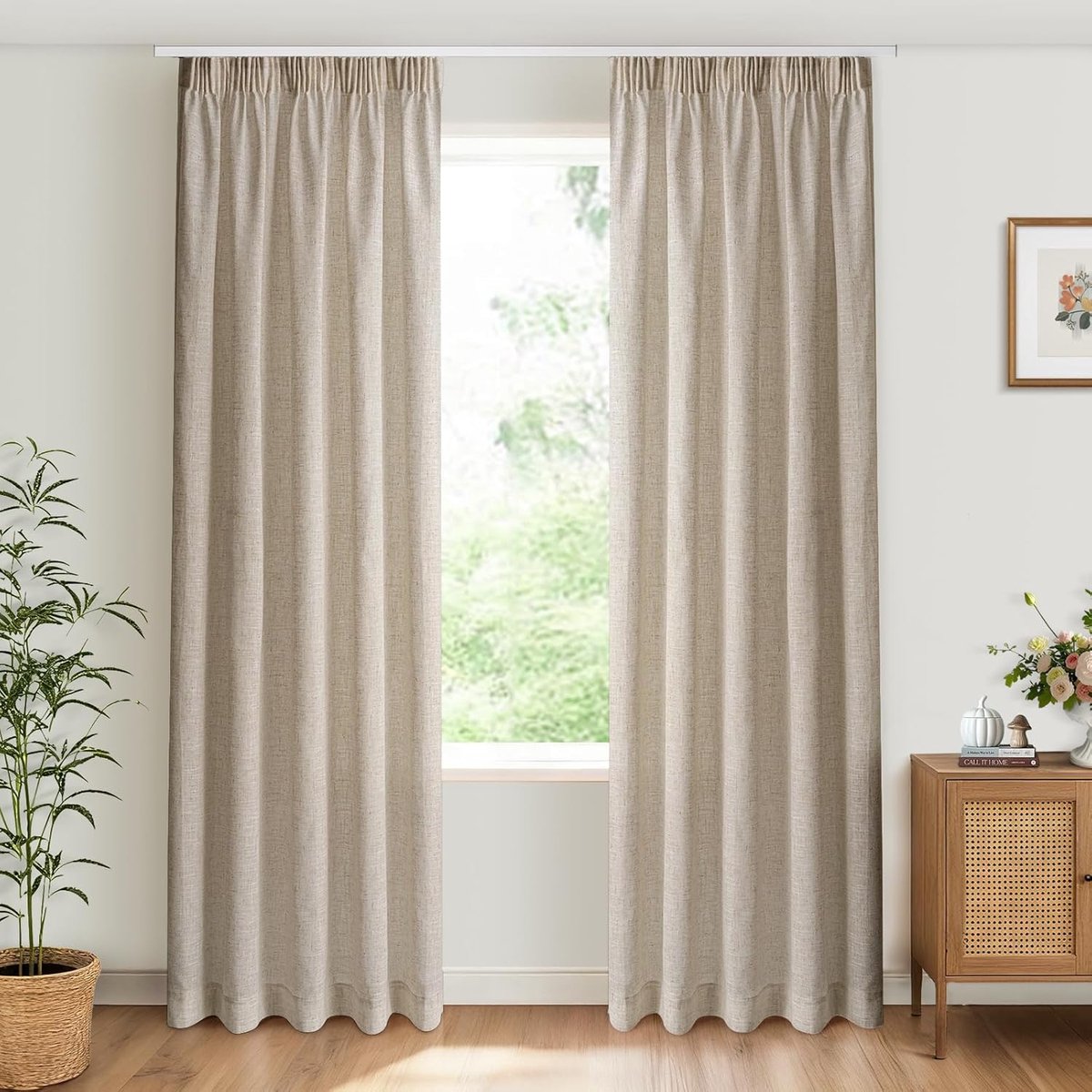 SnelShoppen - Translucent Curtains met Plissé Tape 2 Stuks, Linnen Look Gordijnen voor Woonkamer en Slaapkamer, 140 x 245 cm, Natuurlijke Kleur, Semi-