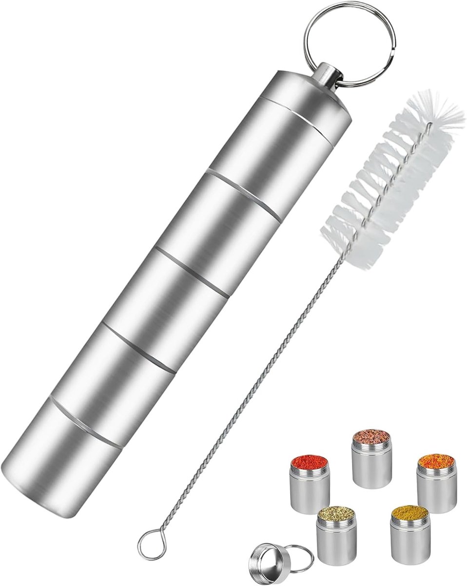 SnelShoppen - Camping kruidenstrooier 5-in-1, aluminium kruidenpotjes, lichtgewicht en compact, zilverkleurig, ideaal voor buitenactiviteiten, picknic