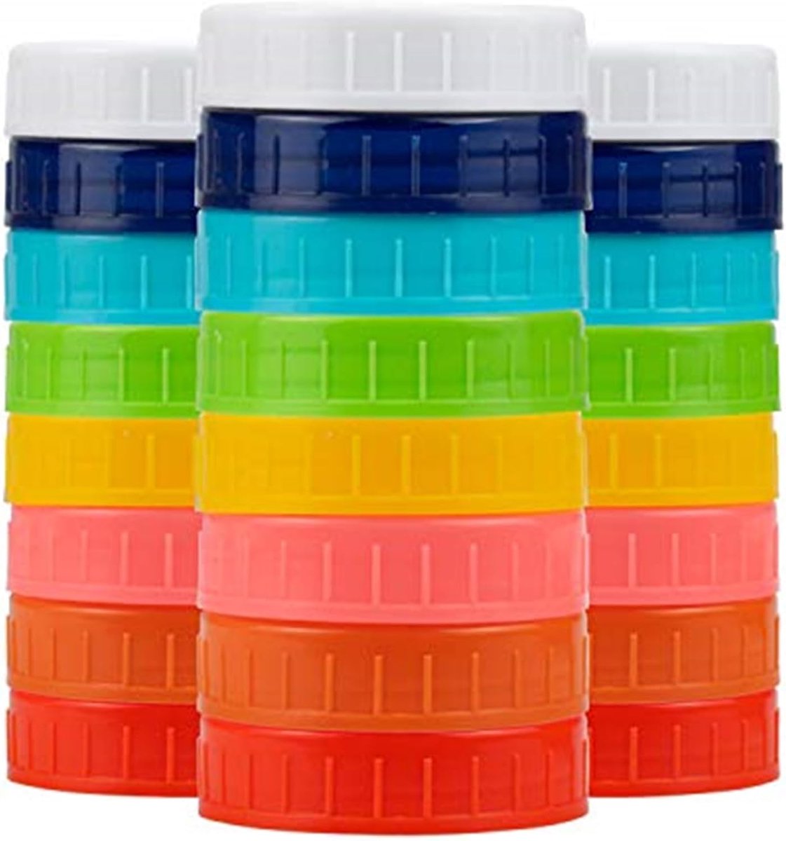 SnelShoppen - 24 Stuks 70mm Plastic Deksels met Siliconen Ringen voor Mason Jars - Food Safe Kleurige Opslagdeksels - Diverse Kleuren voor Keuken, Tui