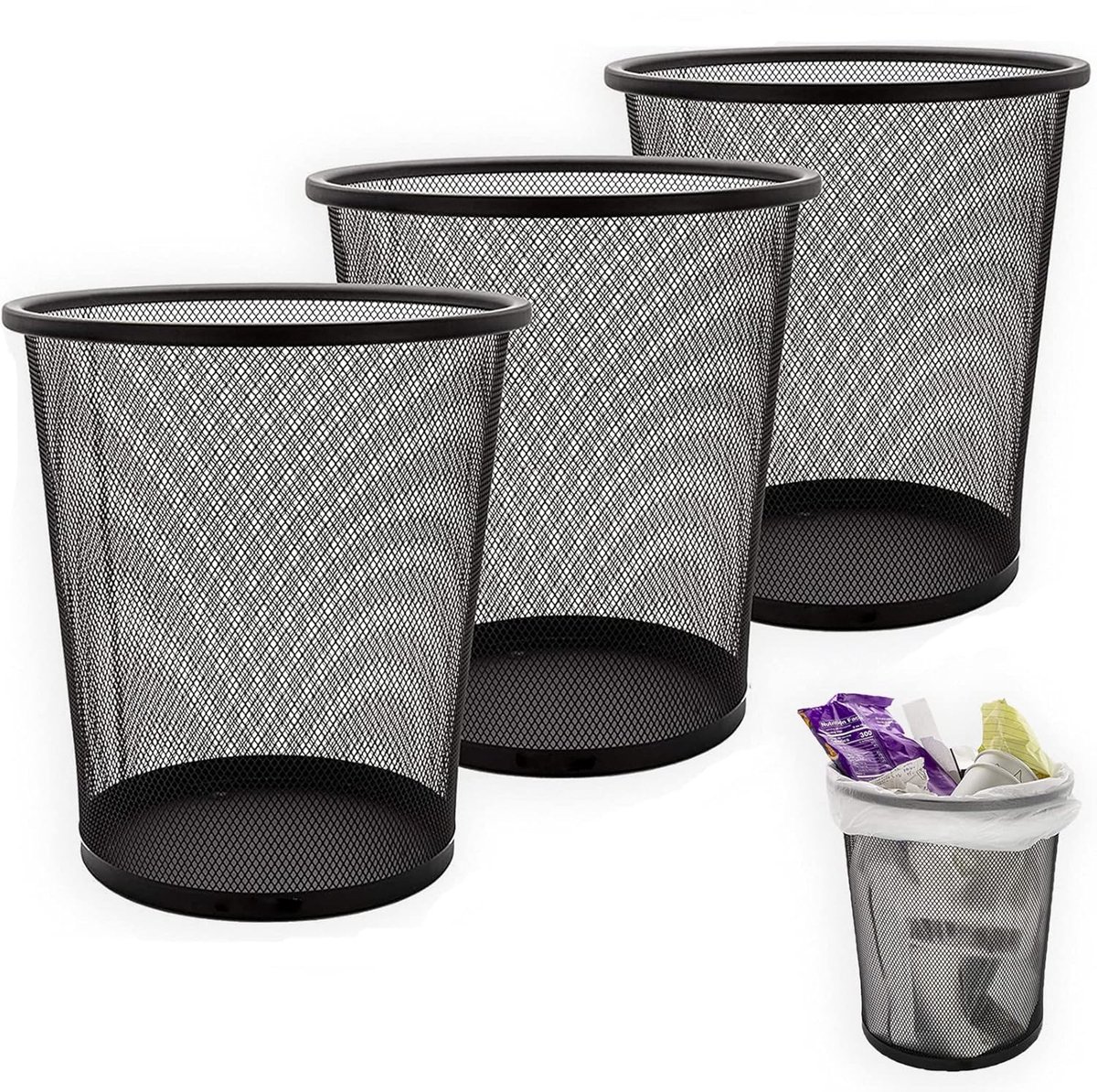 SnelShoppen - Set van 3 Metalen Prullenbakken 12L - Zwart, 26.5 cm Hoog, 23.5 cm Opening - Ideaal voor Kantoor, Slaapkamer en Badkamer