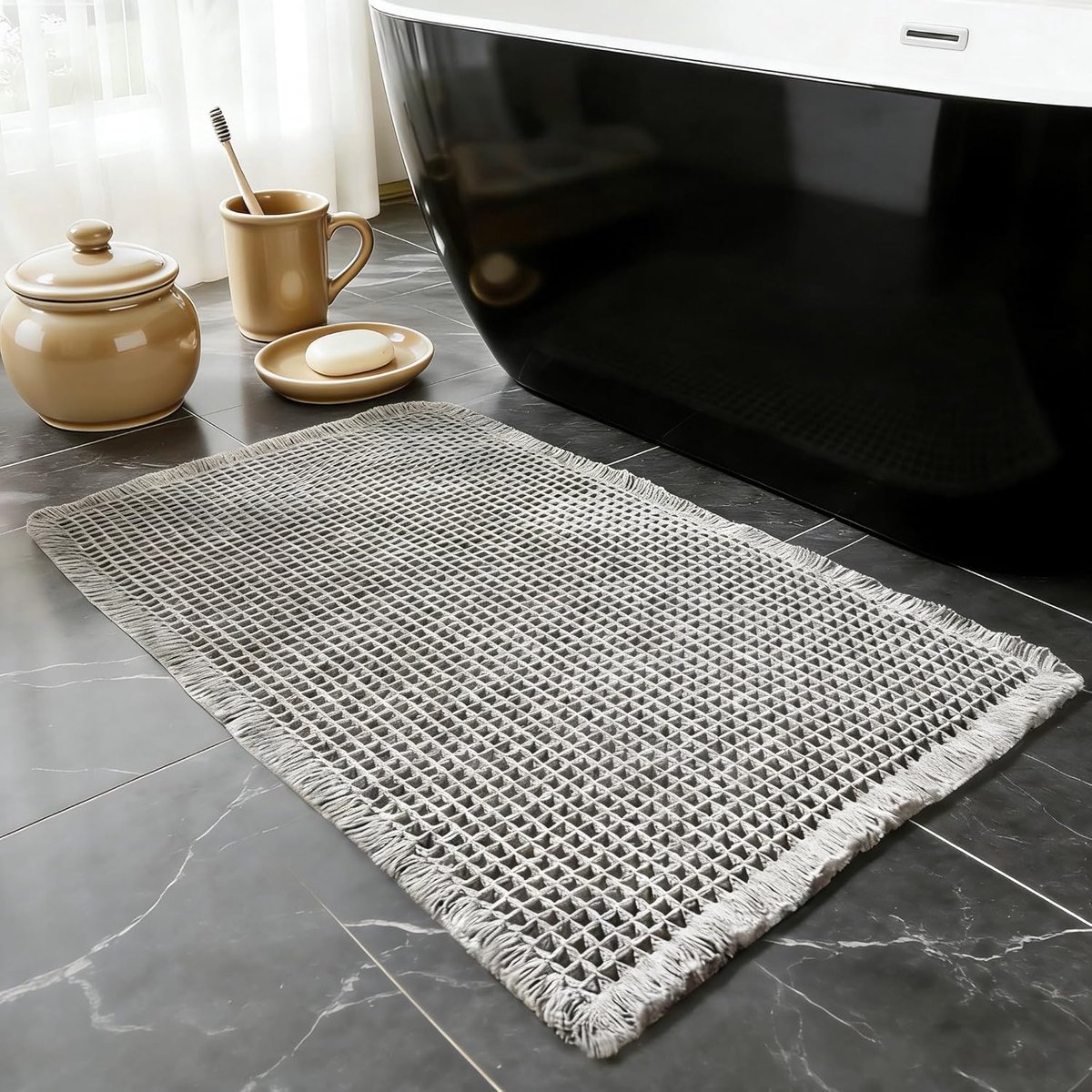 SnelShoppen - Boho Badmat - Grijze Wasbare Badkamer Mat - Antislip Douchematt - 60x90cm - Super Absorberend - Ideaal voor Badkamer, Woonkamer en Slaap