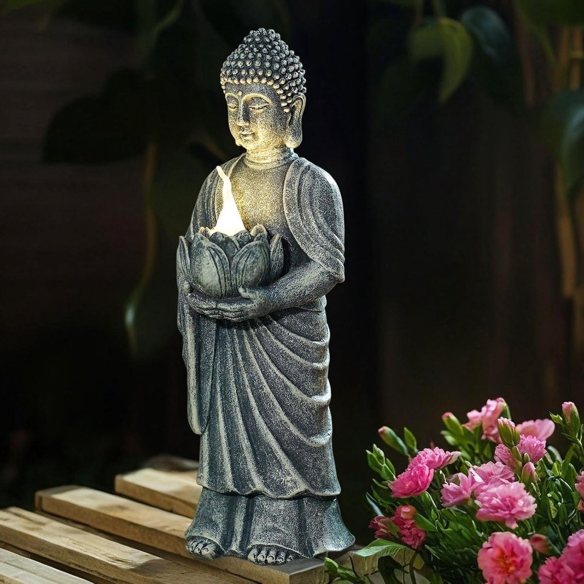 Decoratieve Boeddha Beeld met Lotus Voet en LED Licht - Weerbestendig Zen Beeld voor Tuin, Terras en Woonkamer - Perfect Cadeau voor Vrouwen, Moeders en Mannen