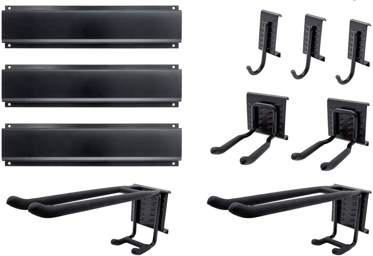 SnelShoppen - 36-delige gereedschapshouder set - 3 staal rails + 7 haken + 2 nylon klittenband lussen - zwart gelakt - flexibele wandbevestiging