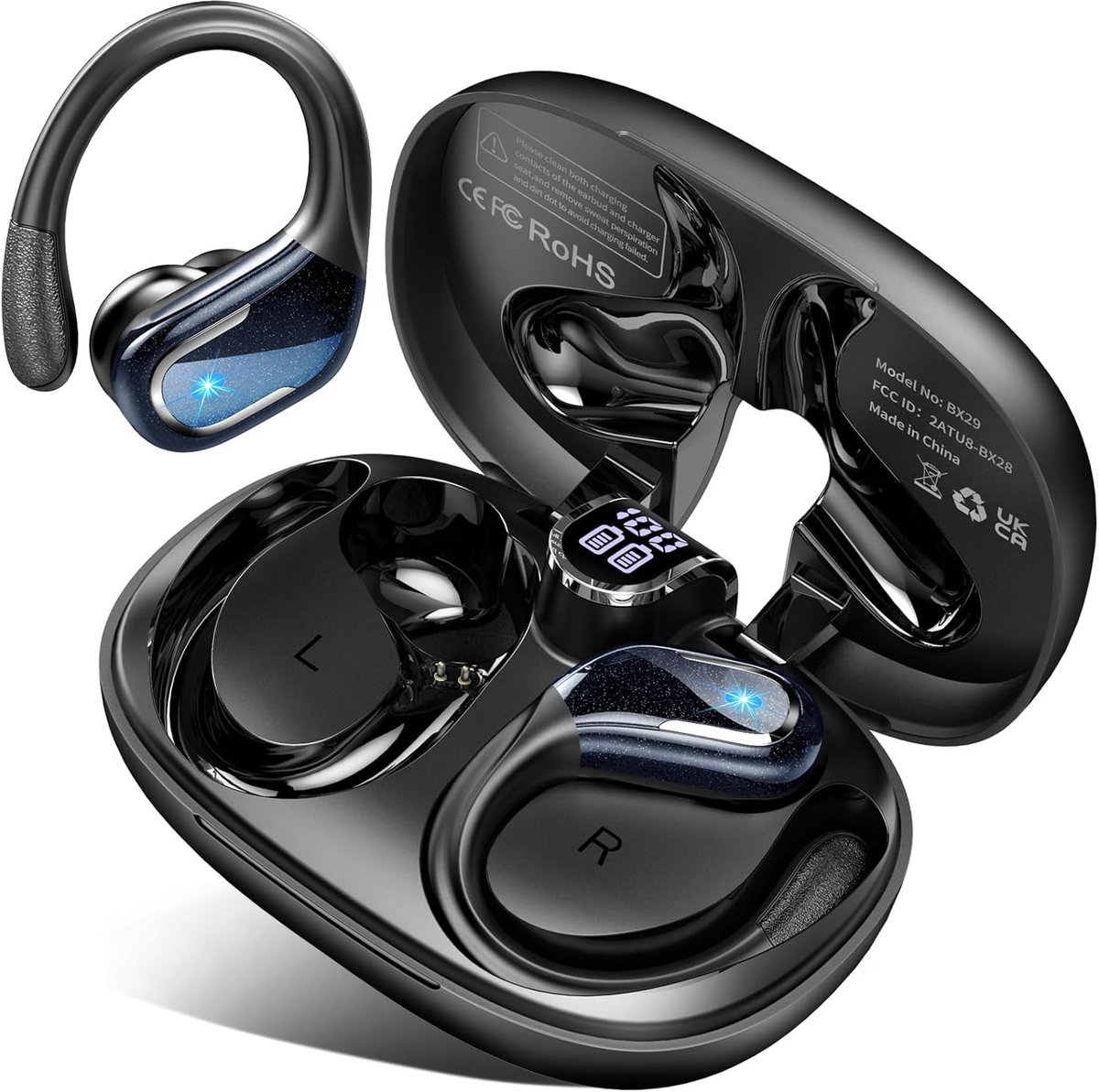 SnelShoppen - Bluetooth 5.4 Sport Koptelefoon, 75 Uur HiFi Stereo Draadloos, Waterproof IPX8.4, ENC Geluidsonderdrukking, LED Display, Hardloop & Extr