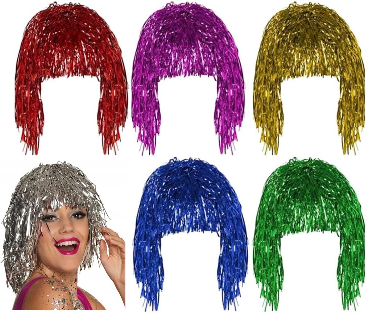 Kleurrijke Metallic Lametta Wigs voor Vrouwen - 6 Stuks Disco Kostuum Accessoires voor Feest, Masquerade en Foto Props