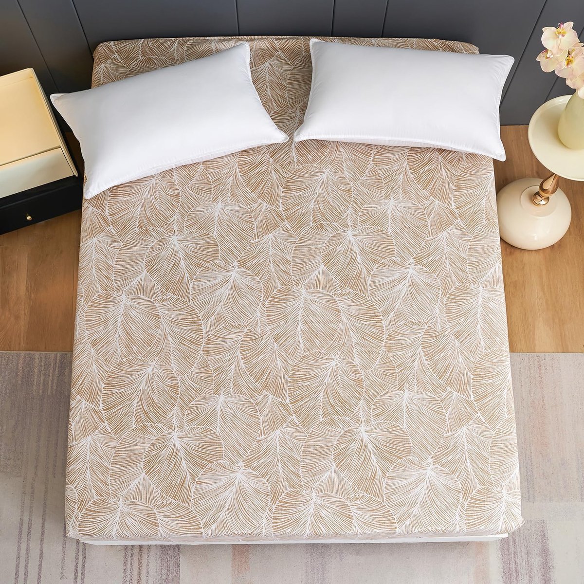 SnelShoppen - Fitted Sheet 120x200 cm Tropical Leaf Beige - Extra Diep tot 30 cm - Zacht Polyester Microfiber - Ideaal voor Slaapkamer, Logies en Camp