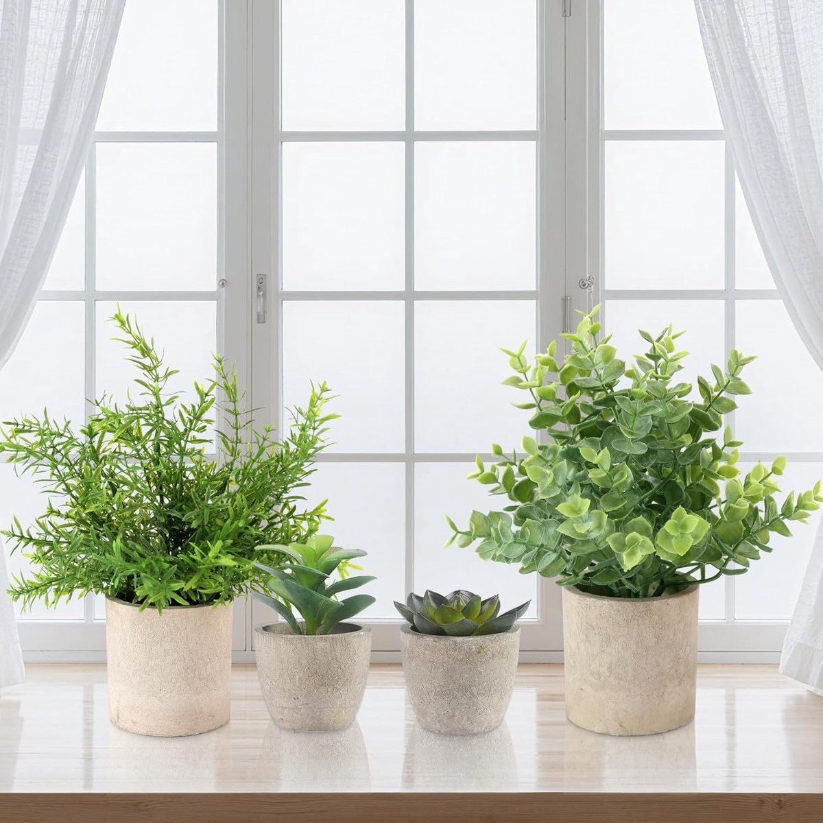 SnelShoppen - 4 Stuks Kunstplanten Mini Eucalyptus Rosemary Succulenten met Pot voor Desk, Keuken, Badkamer en Tuin Decoratie
