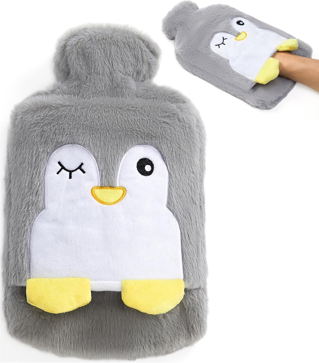 SnelShoppen - Warmwaterkruik met Fluffy Dierenhoes voor Kinderen en Volwassenen - 2000ml Grijze Hot Water Bottle voor Pijnverlichting en Comfort - Ide