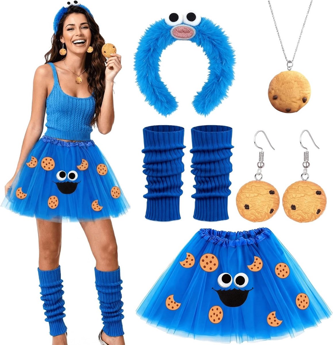 Vrouwelijk Kostuum met Cookie Monster Hoofdband, Tulle Rok, Oorbellen, Ketting en Stickers voor Carnaval en Halloween Cosplay