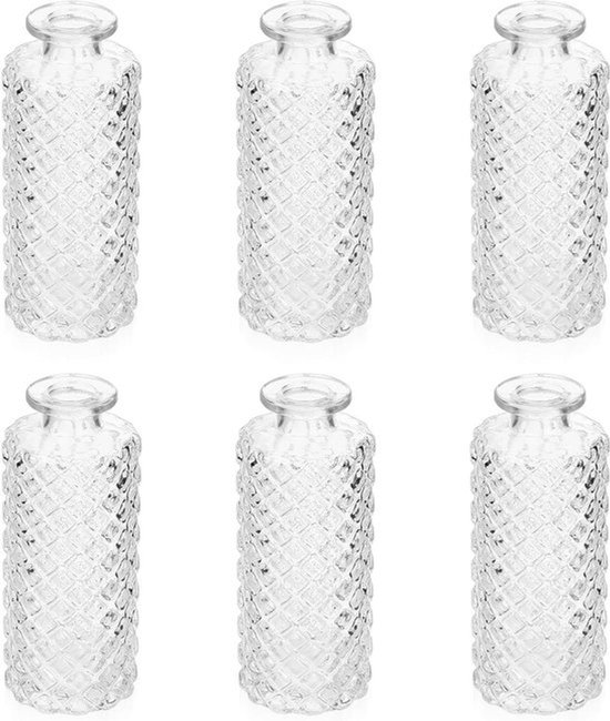 Pak van 6 kleine vazen ​​voor tafeldecoratie, kleine glazen vazen ​​voor tafeldecoratie, kleine vazenset, vintage bloemenvazendecoratie, transparante tafelvazen, glazen flessen voor badkamer, bruiloftsdecoratie, decoratieve vazenset