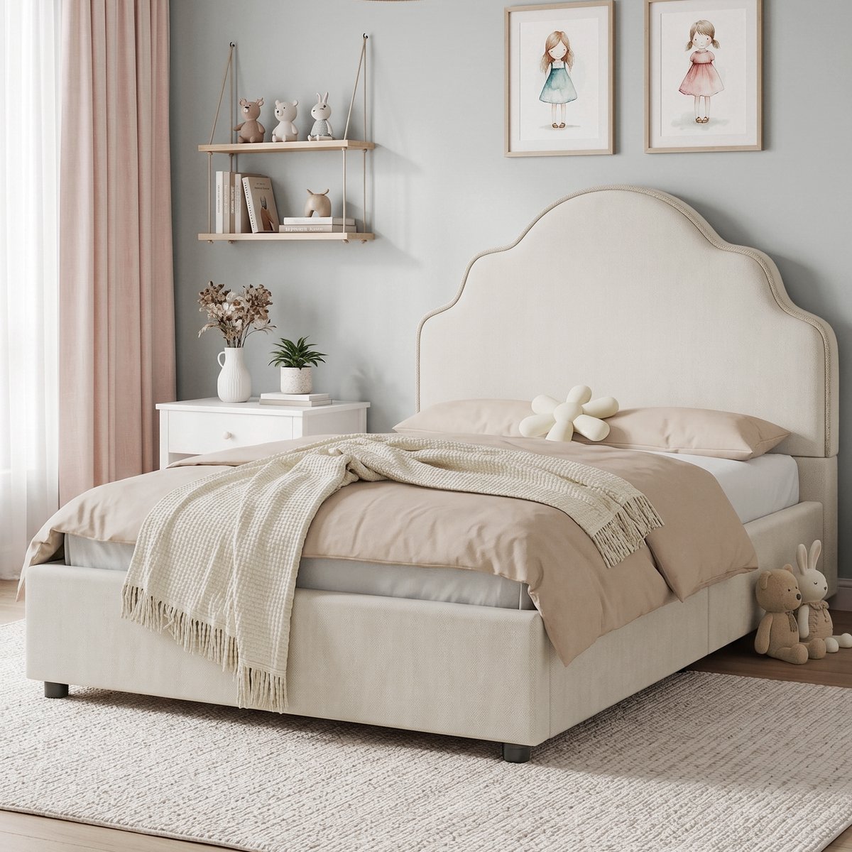 Kinderbed 90x200 cm - Eenpersoonsbed Met Gewatteerd Hoofdbord en Lattenbodem - Zonder matras - Linnen Stof - Beige