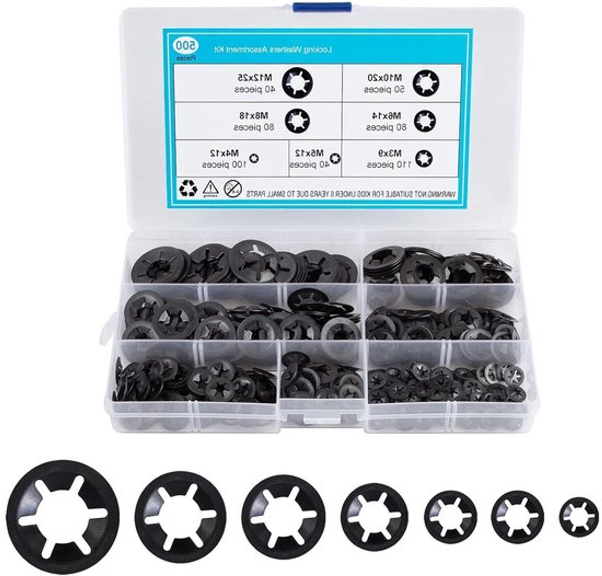Assortiment Borgringen - Sluitringen Binnentanden Zwart 500 Stuks M3 M4 M5 M6 M8 M10 M12