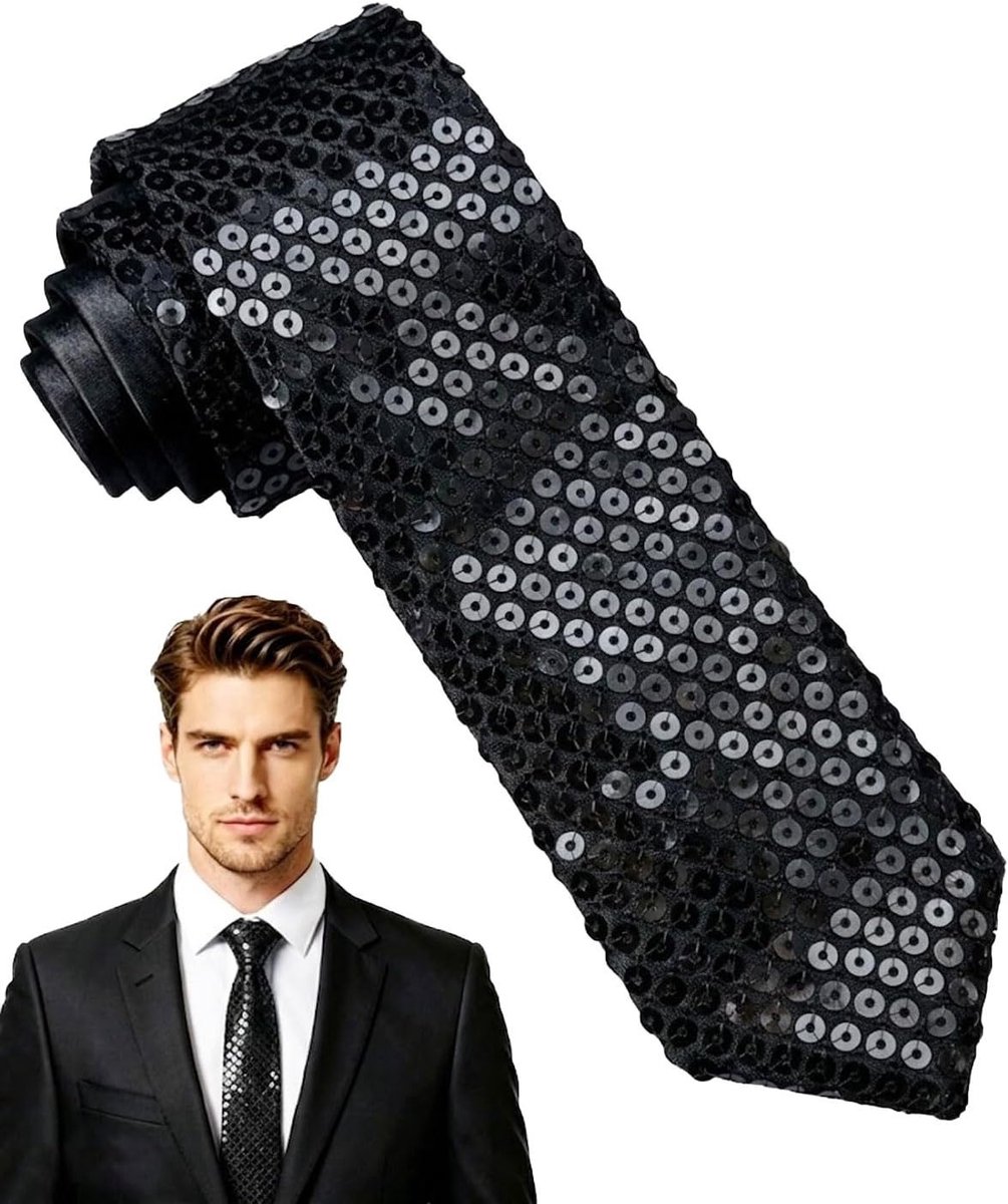 Party Mode Glitzer Krawatte voor Volwassenen - Zwarte Ties voor Carnaval, Mottoparty en Kostuum Accessoires