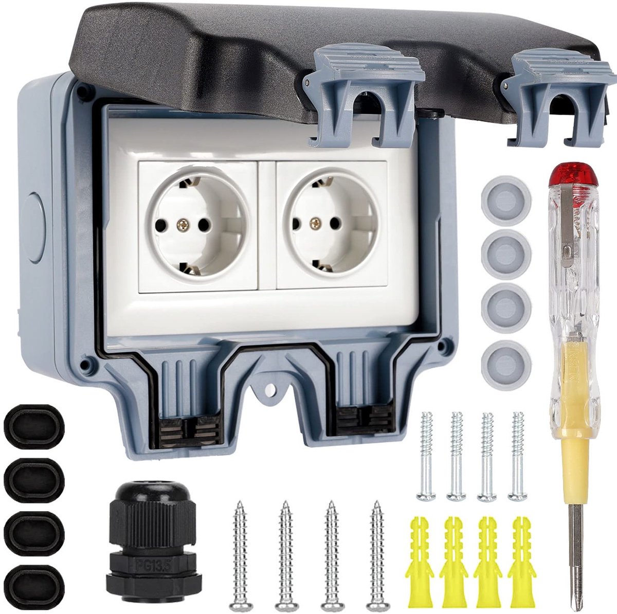 SnelShoppen - Waterproof External Socket - IP66 Buitenstopcontact, Tuinstopcontact 16 A, Dubbele Wandcontactdoos voor Buiten, Geschikt voor Vochtige O