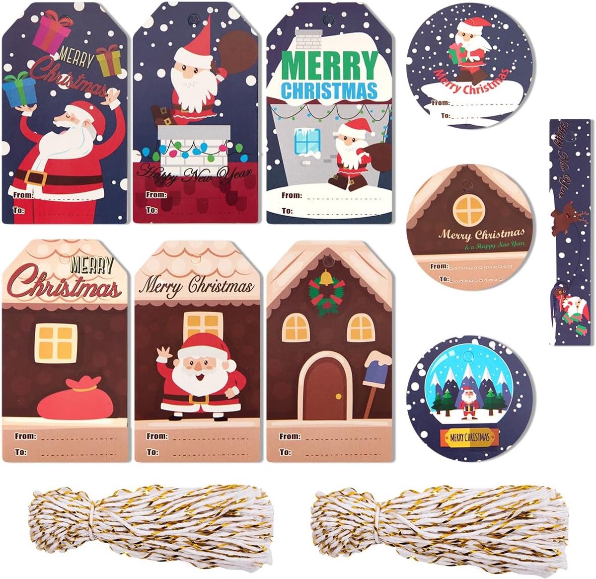SnelShoppen - 100 Stuks Xmas Gift Tags Kraft Papier Kerst Labels met 100 Stuks Touw voor Cadeau Decoratie en Kerstboom Versiering - Santa Claus Design