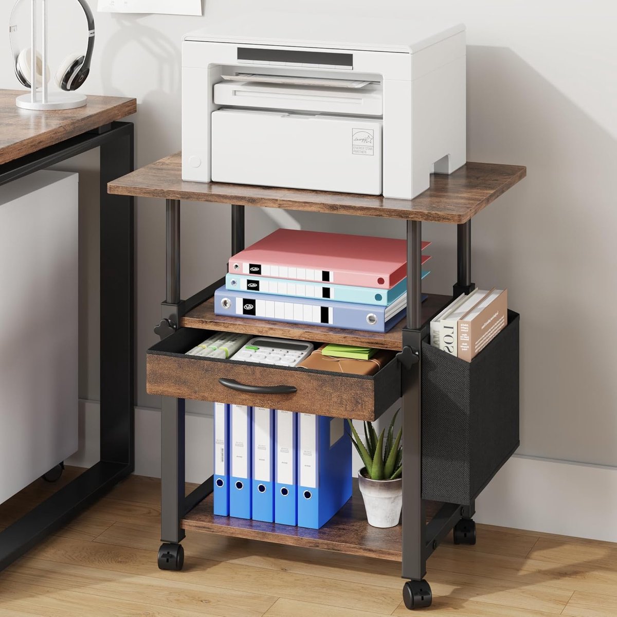 SnelShoppen - Printer Cabinet met Wielen 3 Laags, 56x38cm, Stoffen Lade & Zijkrui, Hoogte Verstelbaar, Bureau Organizer voor Thuiswerkplek, Tigerhout