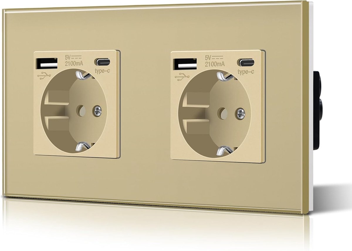Thijox - Wandcontactdoos met 2 Geaarde Stopcontacten, USB-Oplaadpoort, Type C-ingang, Glasplaat, Eenvoudige Installatie, Goud, 157mm - Perfect voor Th