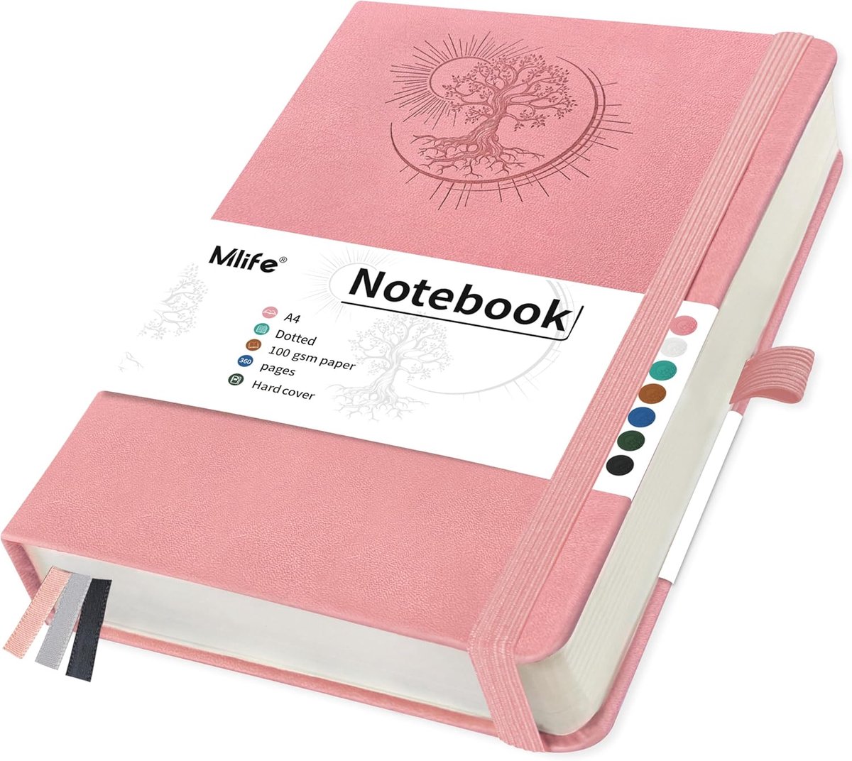 SnelShoppen - A4 Dotted Notebook met Tree of Life Design, 360 Pagina's, 100 G/sqm Dotted Papier, PU Kaft, Elastische Band, Penhouder, 3 Boekmarke, 21.