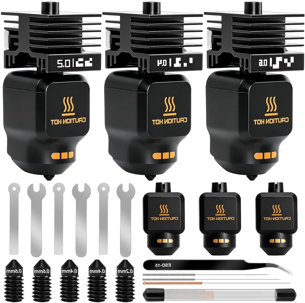 3 stuks 0,2 mm, 0,4 mm en 0,6 mm Hotend mondstukken met siliconen afdekkingen en reinigingsnaald voor 3D-printers