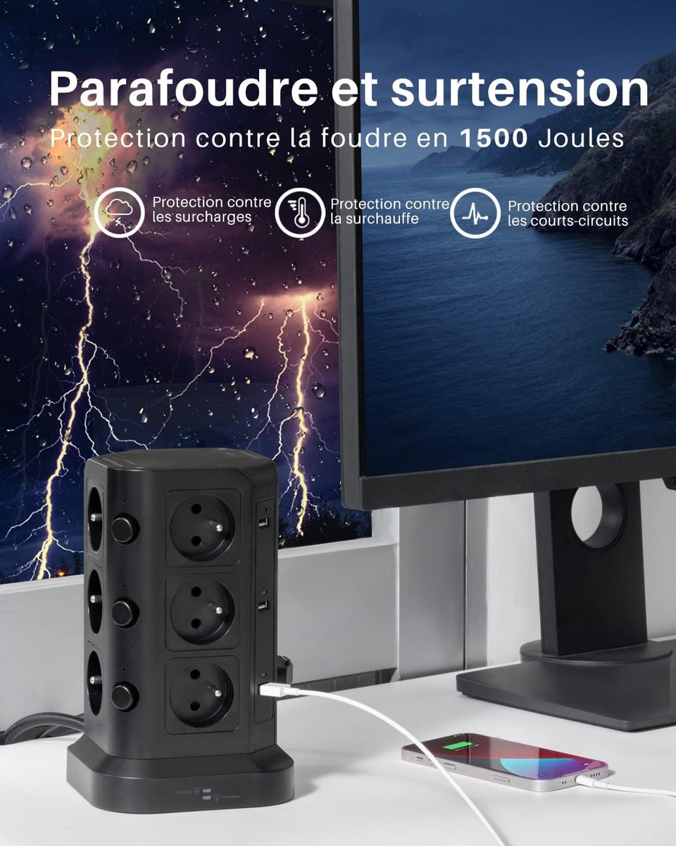SnelShoppen - 5M Kabel Multistekker met 12 Stopcontacten, 6 USB Poorten, 4000W/16A, Tour Multiprise Type-E, Zwart voor Thuis, Kantoor, Camping