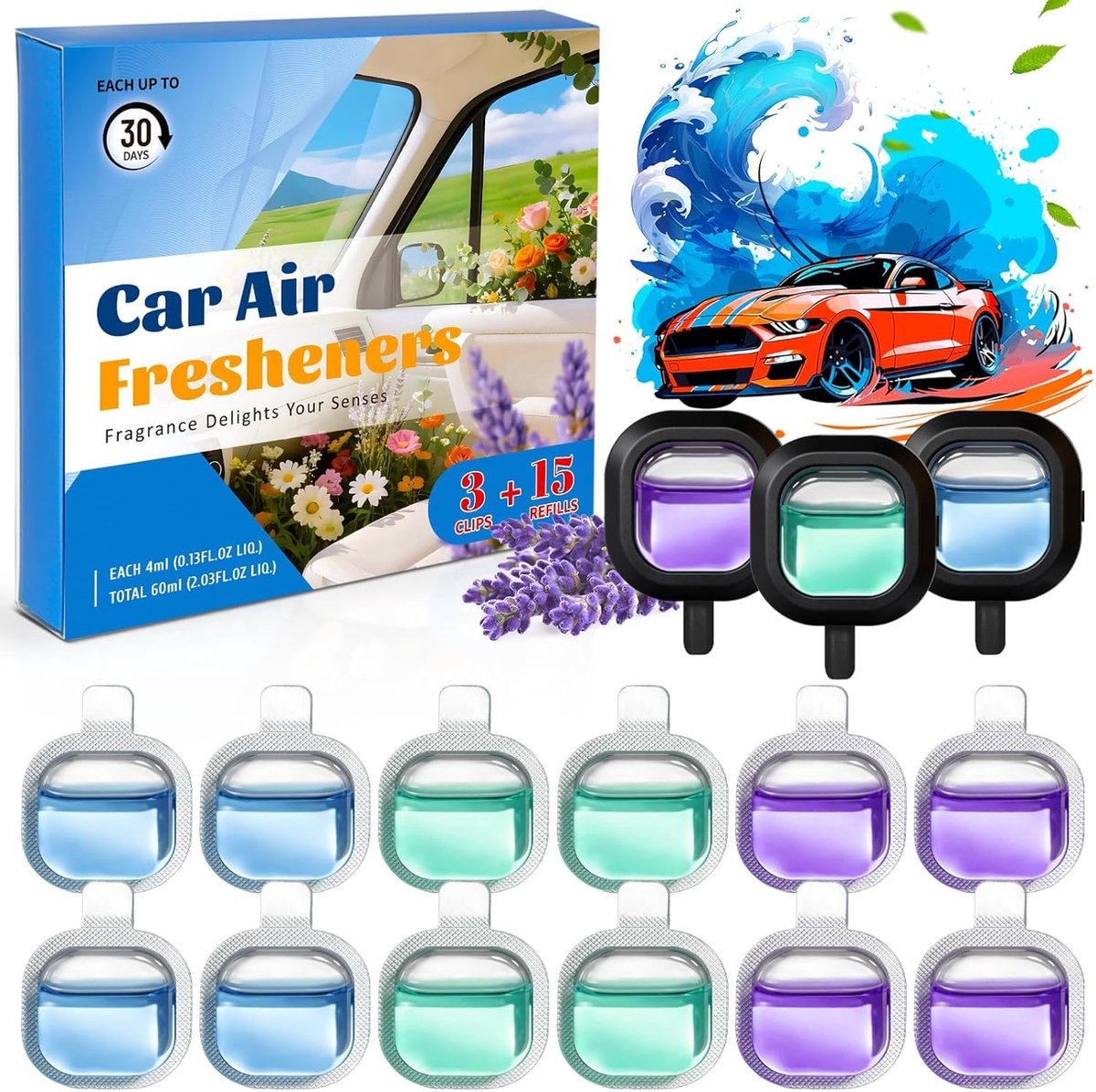 SnelShoppen - Luchtverfrisser Ventilatieclip 4 ml - Auto Luchtverfrisser met Clip - 3 Geuren + 12 Navulpatronen - Nieuwe Auto, Zeebries, Lavendel - Ge