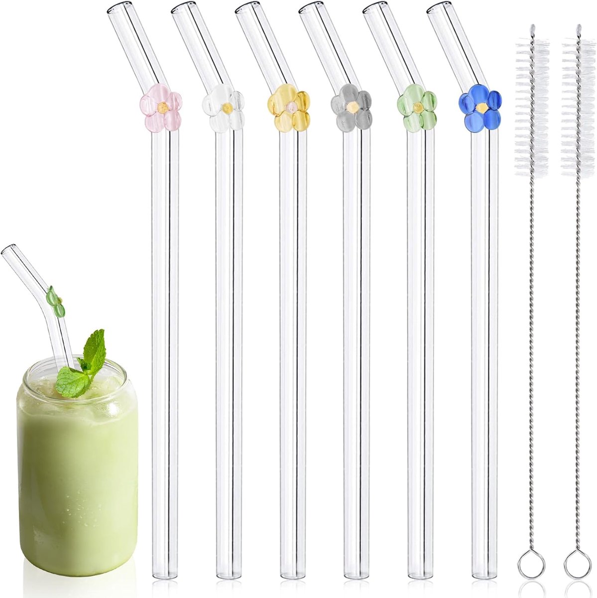 SnelShoppen - Set van 6 Grote Glazen Rietjes met 2 Schoonmaakborstels, Kleurrijke Glazen Rietjes met Bloemen, Herbruikbare en Schokbestendige Rietjes
