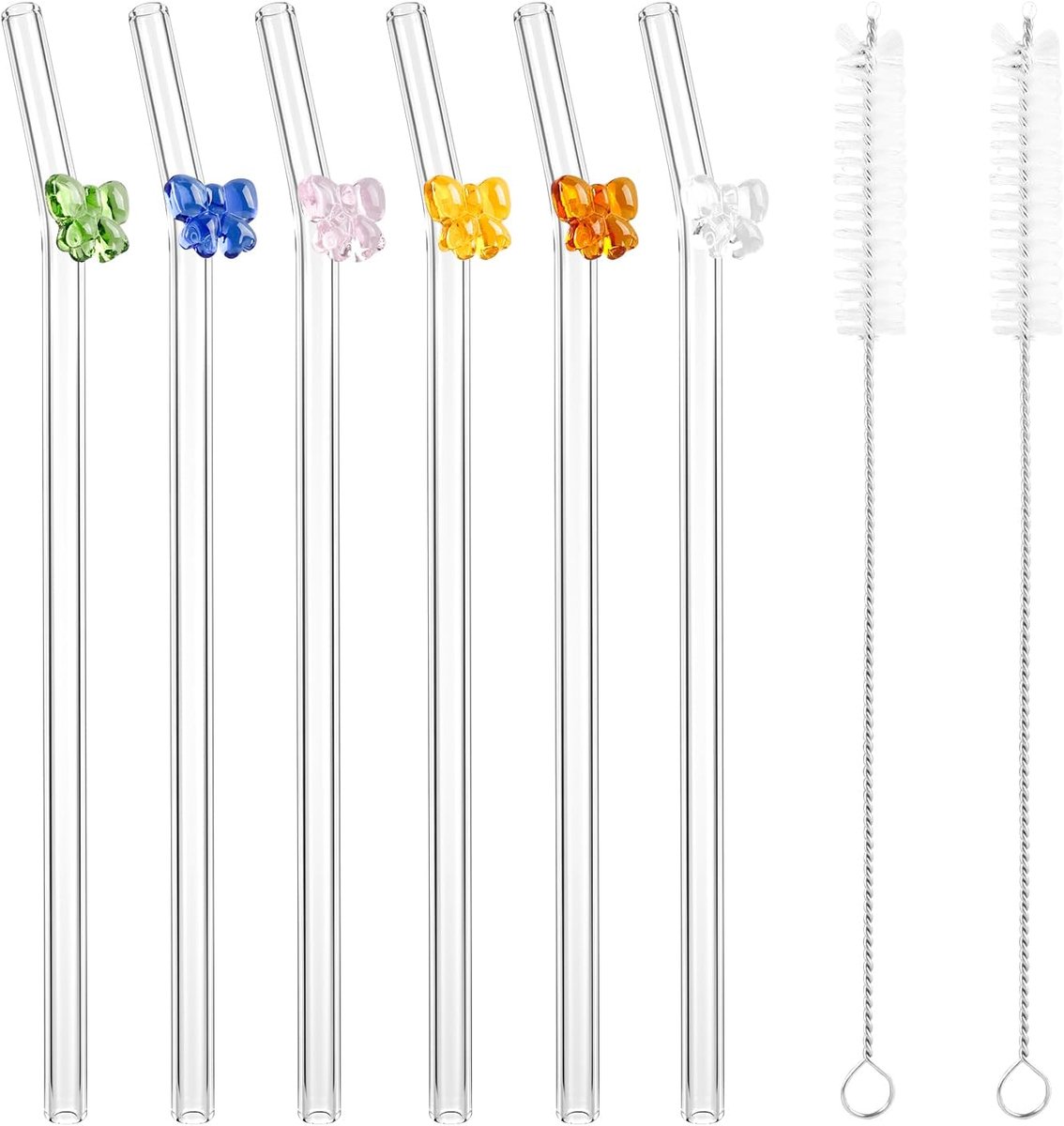SnelShoppen - 6 Herbruikbare Lange Glazen Rietjes met Strikpatroon, 20 cm Borosilicaatglas, Inclusief Schoonmaakborstel, Perfect voor Smoothies, Sappe