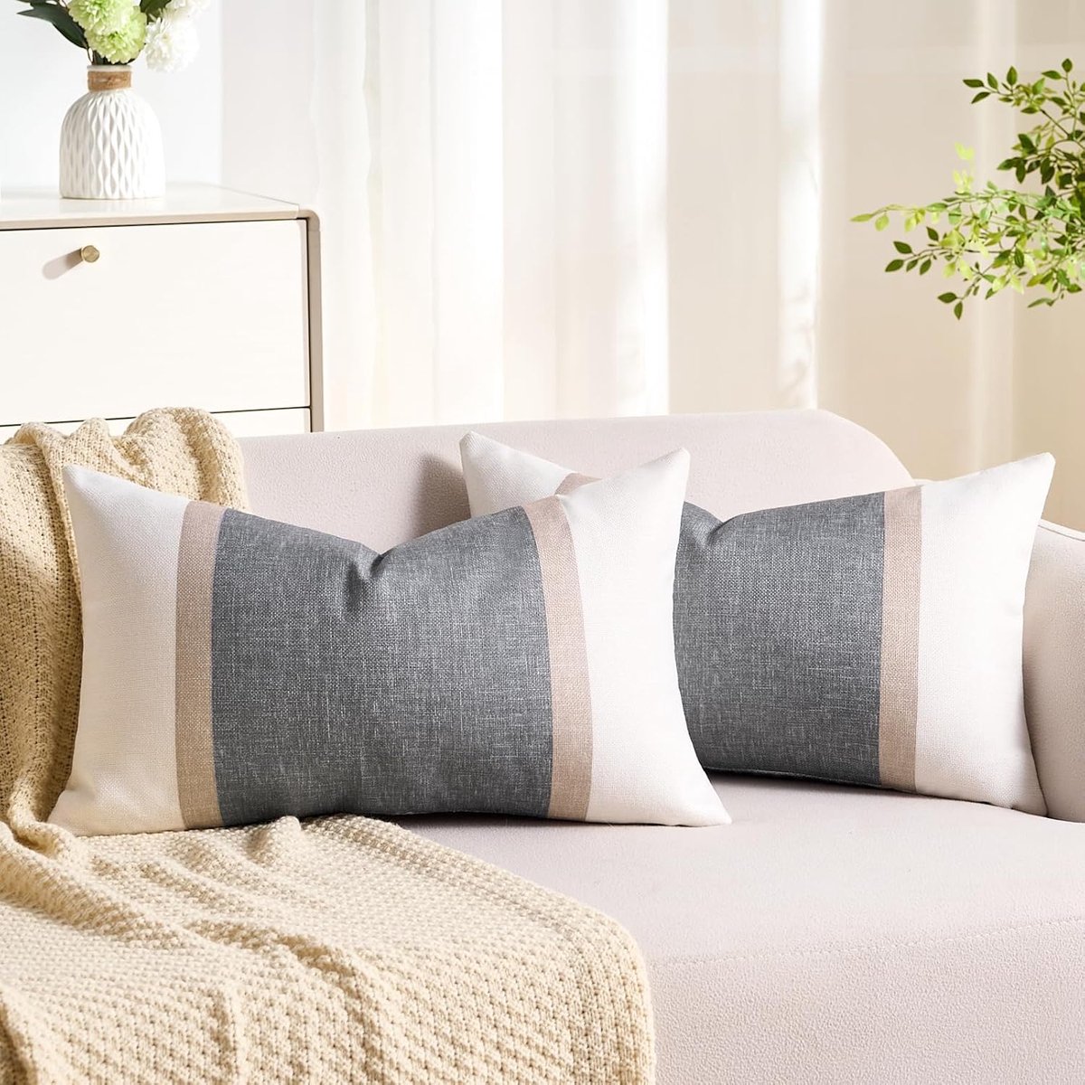 SnelShoppen - Set van 2 Grijze Kussenhoezen 30 x 50 cm, Decoratieve Kussens voor Bank, Sofa, Katoen Linnen, Strepen, Patchwork, Perfect voor Woonkamer