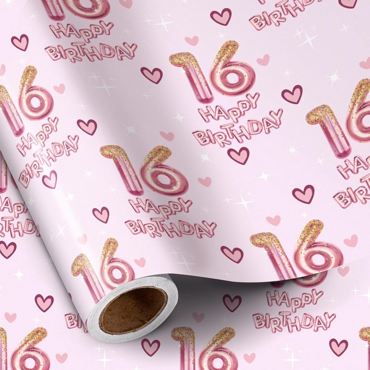 SnelShoppen - Inpakpapier Verjaardag Meisje 16 Jaar - Roze Ballonnen en Hartjes Design - Mini Rol 47 x 40 cm - Perfect voor Feestelijke Cadeaus