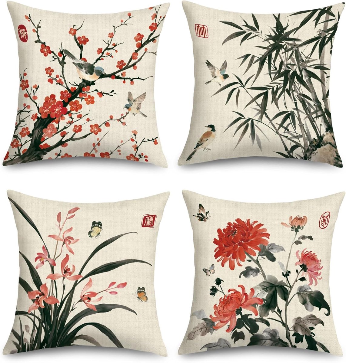 SnelShoppen - Kussenslopen 45x45 cm, 4 stuks, Vintage Bloemen, Zwart-Rood, Decoratief voor Bank en Stoel, Hoogwaardig Polyester, Elegant en Comfortabe