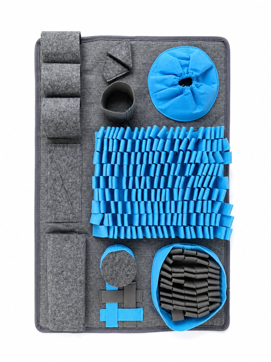 ZoeZo Snuffelmat Hond 65 x 45 cm - Anti-Schrok Voermat - Slowfeeder - Denkspel met 10 Zoekzones en Moeilijkheidsniveaus - Opvouwbaar - Grijs/Blauw thumbnail 3