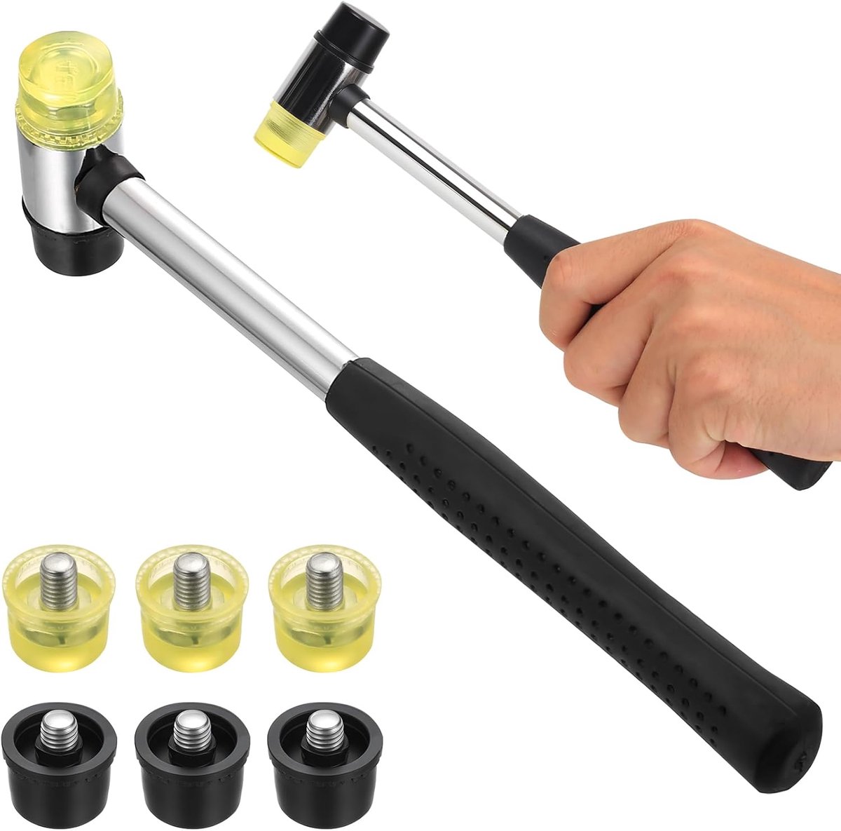 SnelShoppen - Rubber Hammer Small 25mm - Dubbele Rubber Hamer met 6 Vervangbare Koppen - Plastic Hamer met Antislip Handvat voor Hout, Plastic, Leer,