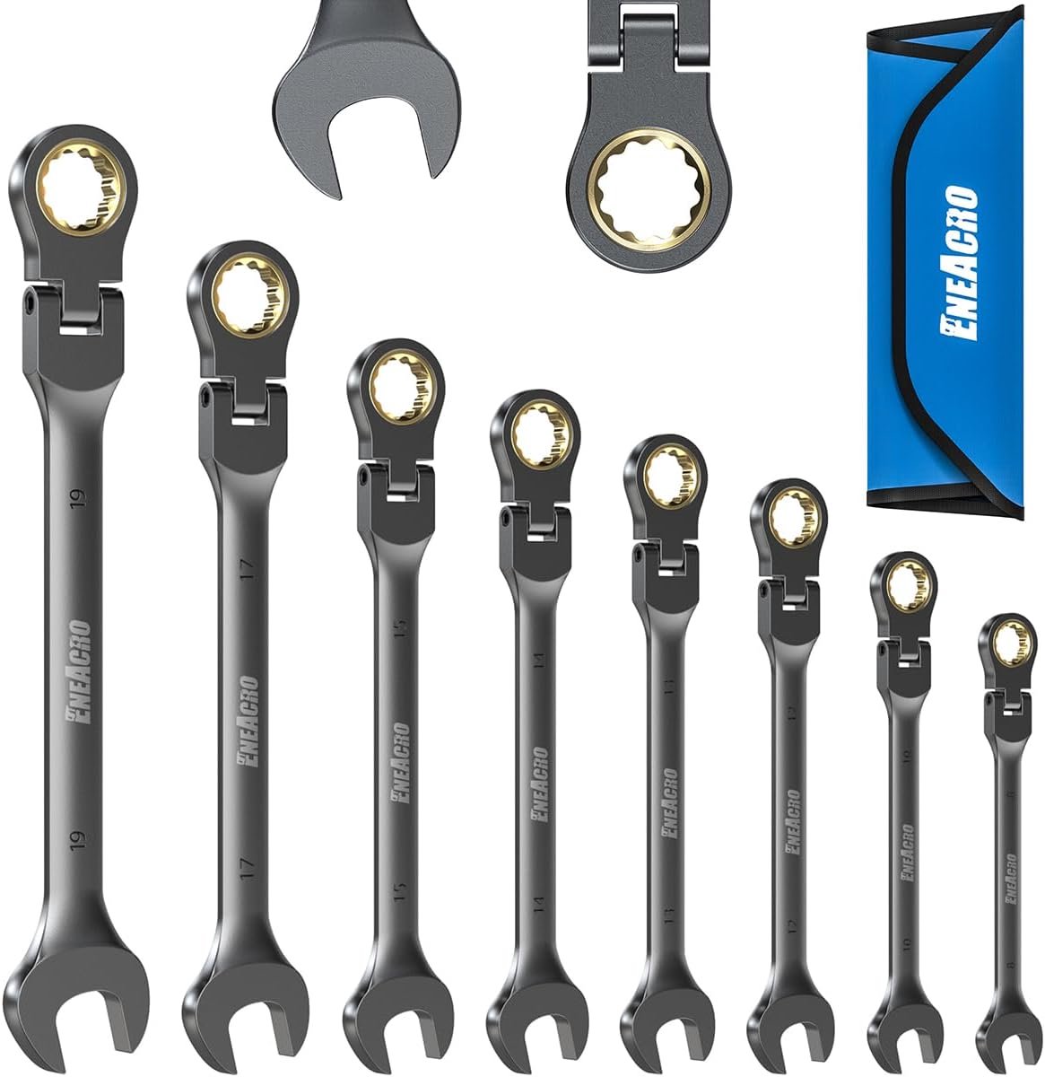 SnelShoppen - 8-delige Hinge Ratchet Wrench Set, Flex-Head Sleutelset 8-19 mm, Anti-slip Ring Sleutels, 72 Tanden, Cr-V, Vernikkeld met Roller Bag
