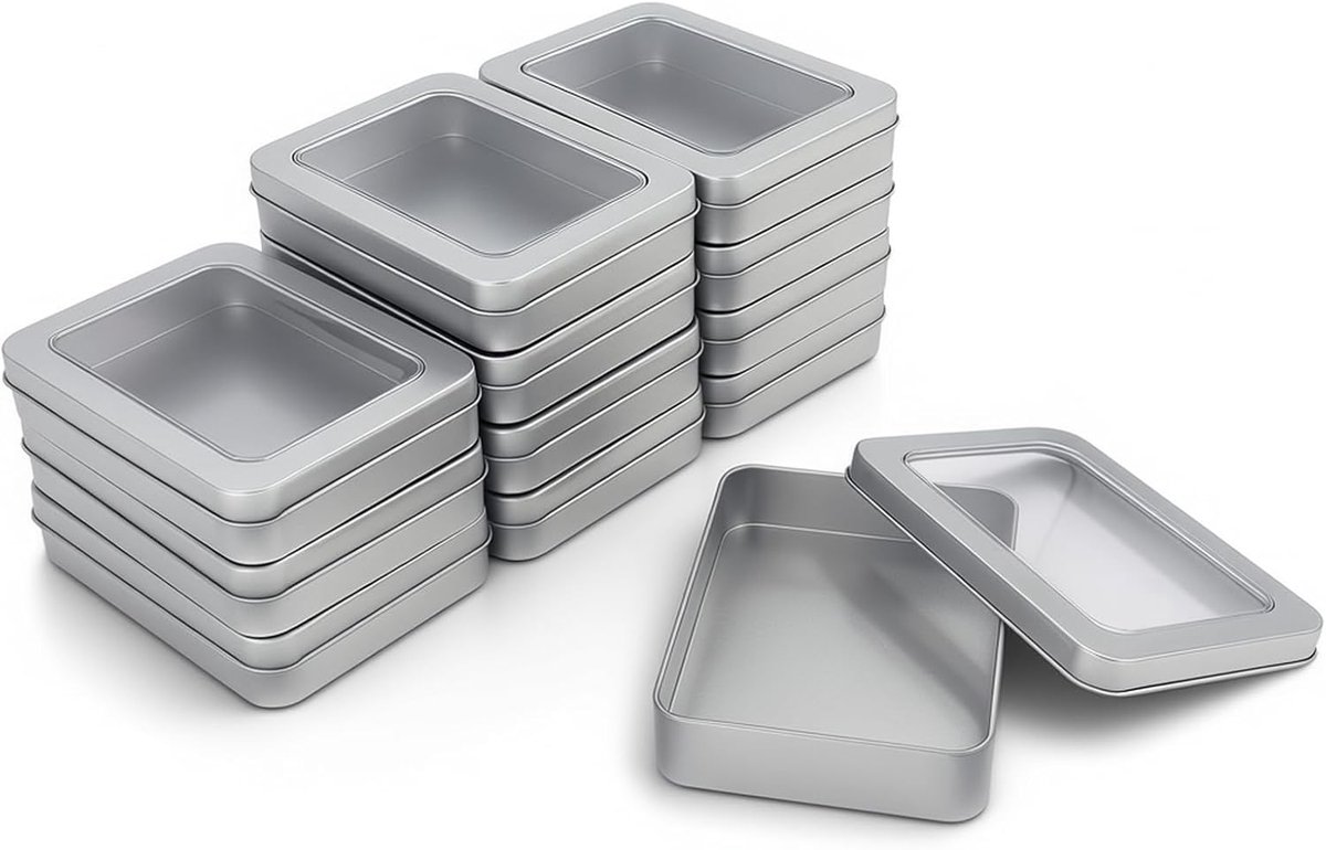 SnelShoppen - 12 Stuks Lege Metalen Opbergdozen met Duidelijk Venster, 115x85x22mm, Lichtgewicht en Duurzaam voor Thuis, Kantoor, Keuken, en Meer