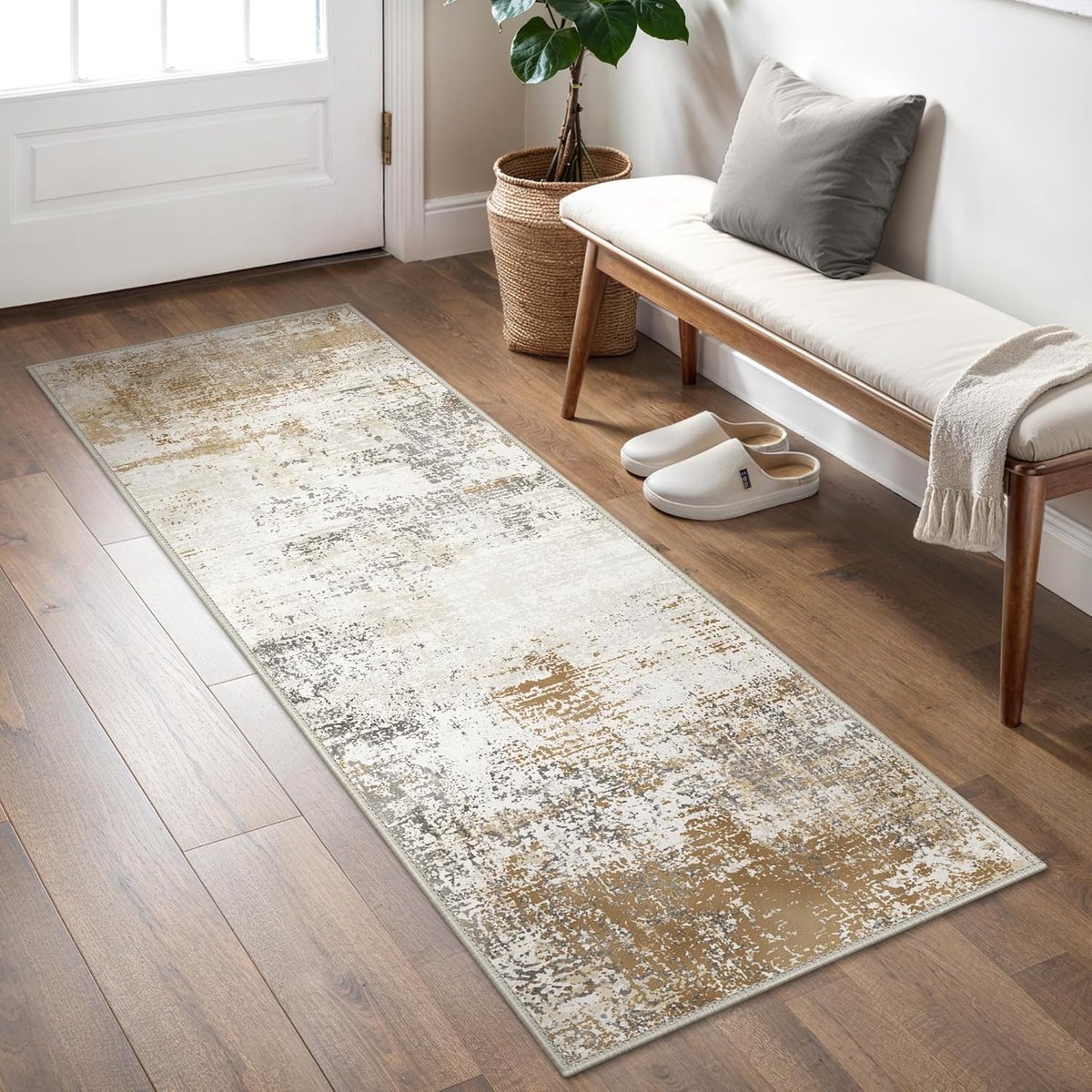 SnelShoppen - BEIMO Korte Stapel Vloerkleed 80x150cm, Abstract Tapijt voor Woonkamer, Slaapkamer, Entree, Antislip, Wasbaar, Goudkleurig, Modern Desig