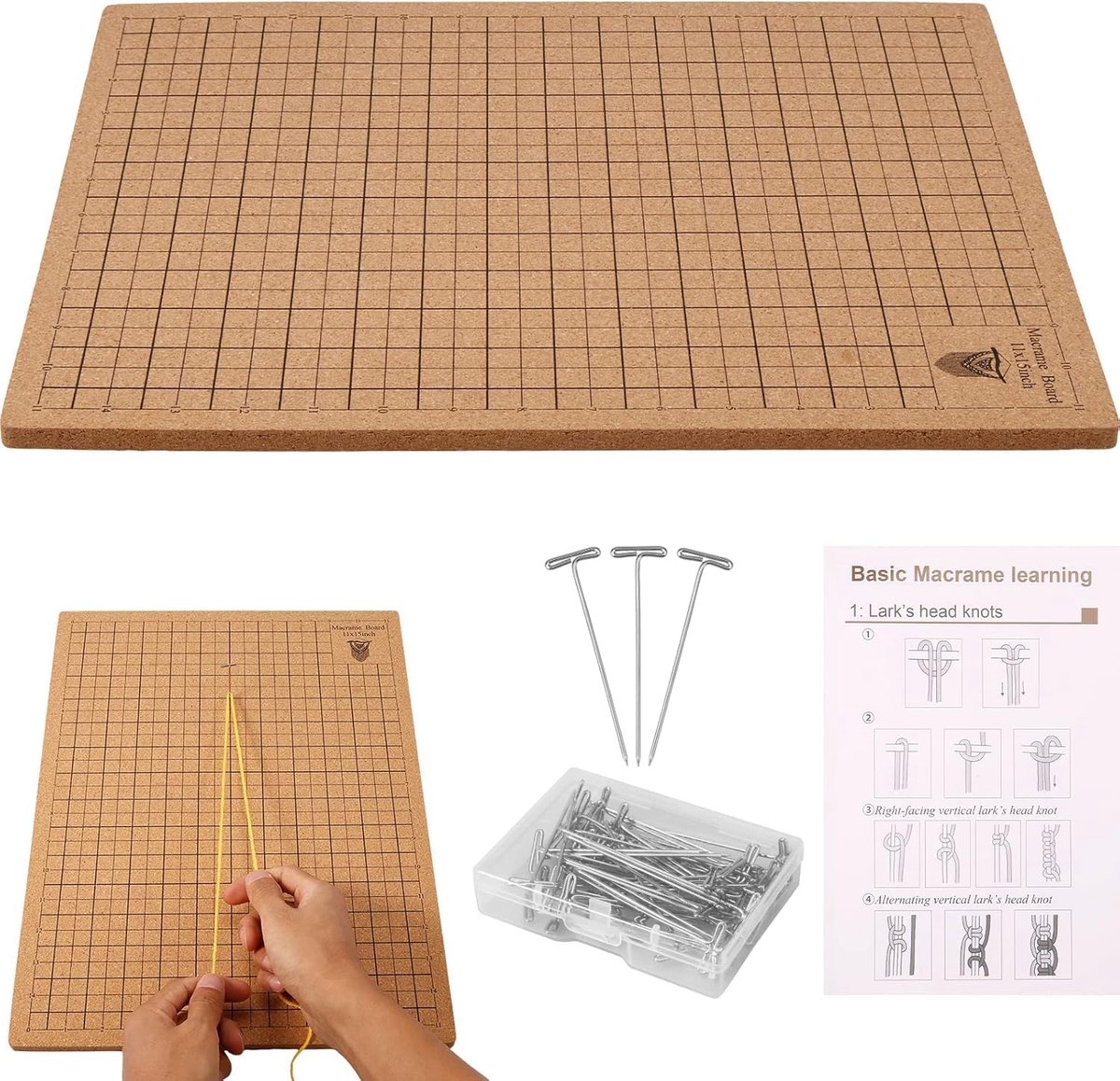 SnelShoppen - Macrame Board 40 x 30 cm Kork met Meetraster, 50 T-Pinnen voor Coasters, Armbanden, Wandtapijten, Creatief Knutselen