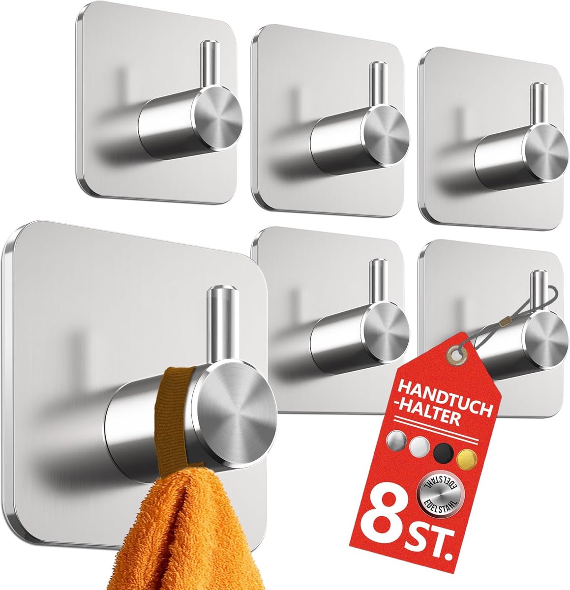 SnelShoppen - Set van 8 RVS Towel Hooks voor Badkamer en Keuken - Zelfklevende Haakjes Zonder Boren - Waterdicht en Sterk tot 10 kg