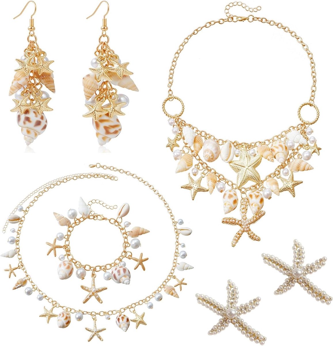 Vrouwelijk Zeemeermin Kostuum met Sieraden Accessoires, Sterrenzeef, Schelp, Armband en Oorbellen voor Carnaval