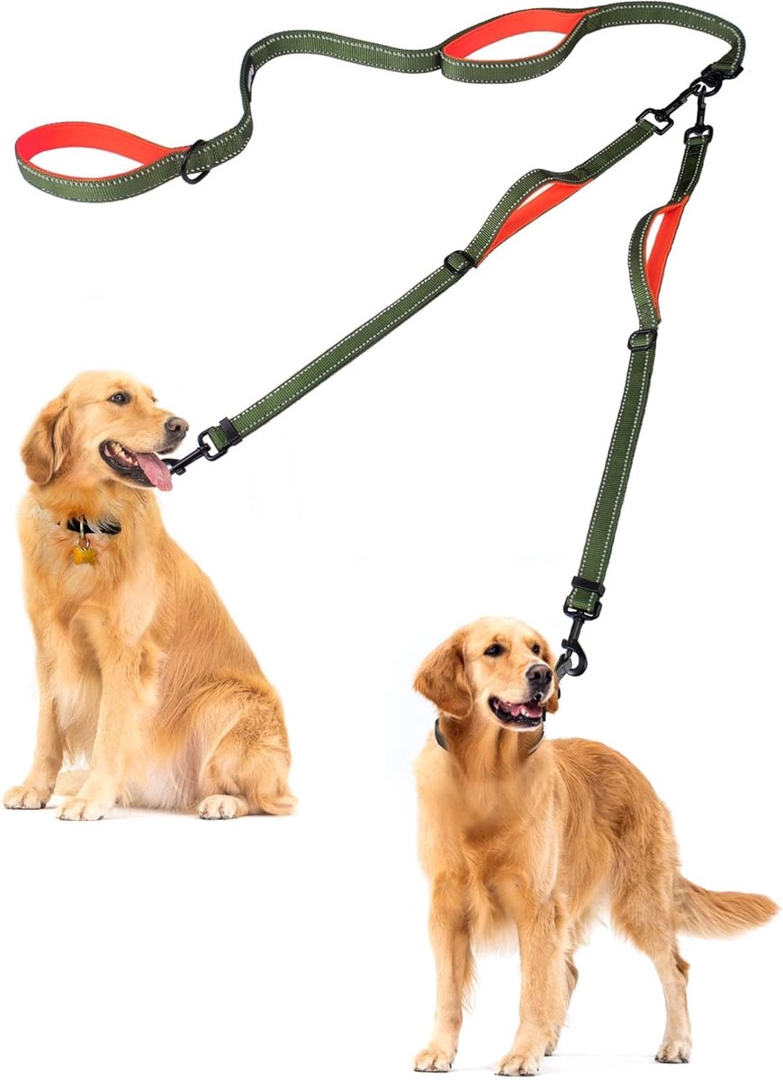 SnelShoppen - No Tangle Dubbele Hondenriem met Reflectie, 360° Draaiende Koppelingen, 4 Padded Handvatten, Inclusief Vouwbare Kom en Afvalzakken voor