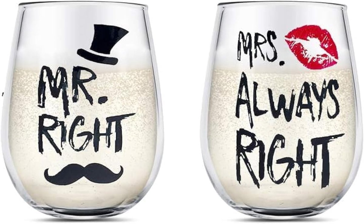 SnelShoppen - Set van 2 Wijn Glazen MR RIGHT en MRS ALWAYS RIGHT, Kristallen Wijnglazen met Rode Lippen en Hoed, 400 ml, Perfect Cadeau voor Valentijn