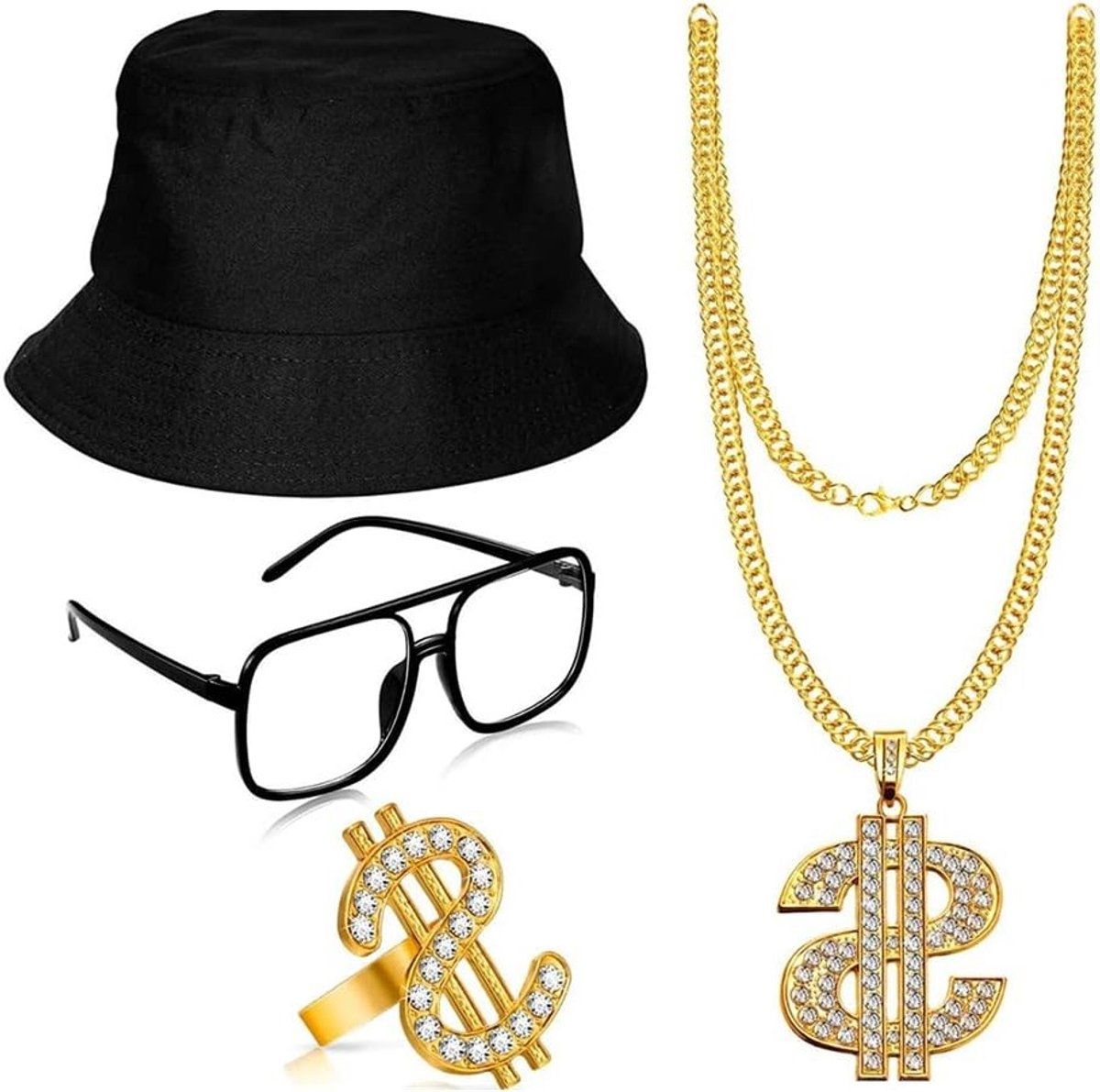 Rapper accessoires set met 4 delen voor 80/90s hip hop kostuum, inclusief gouden bucket hat, zonnebril, gouden ketting en ring voor feestkleding