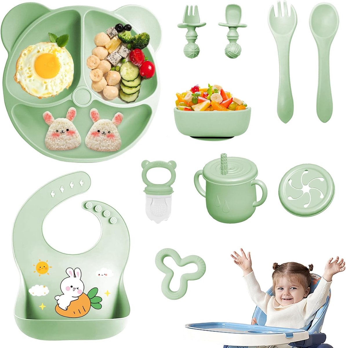 SnelShoppen - 11-delige siliconen babyserviesset, kinderservies met antislip zuignap, babyborden, kom, slabbetje, lepel, vork, drinkbeker, fruitzuiger